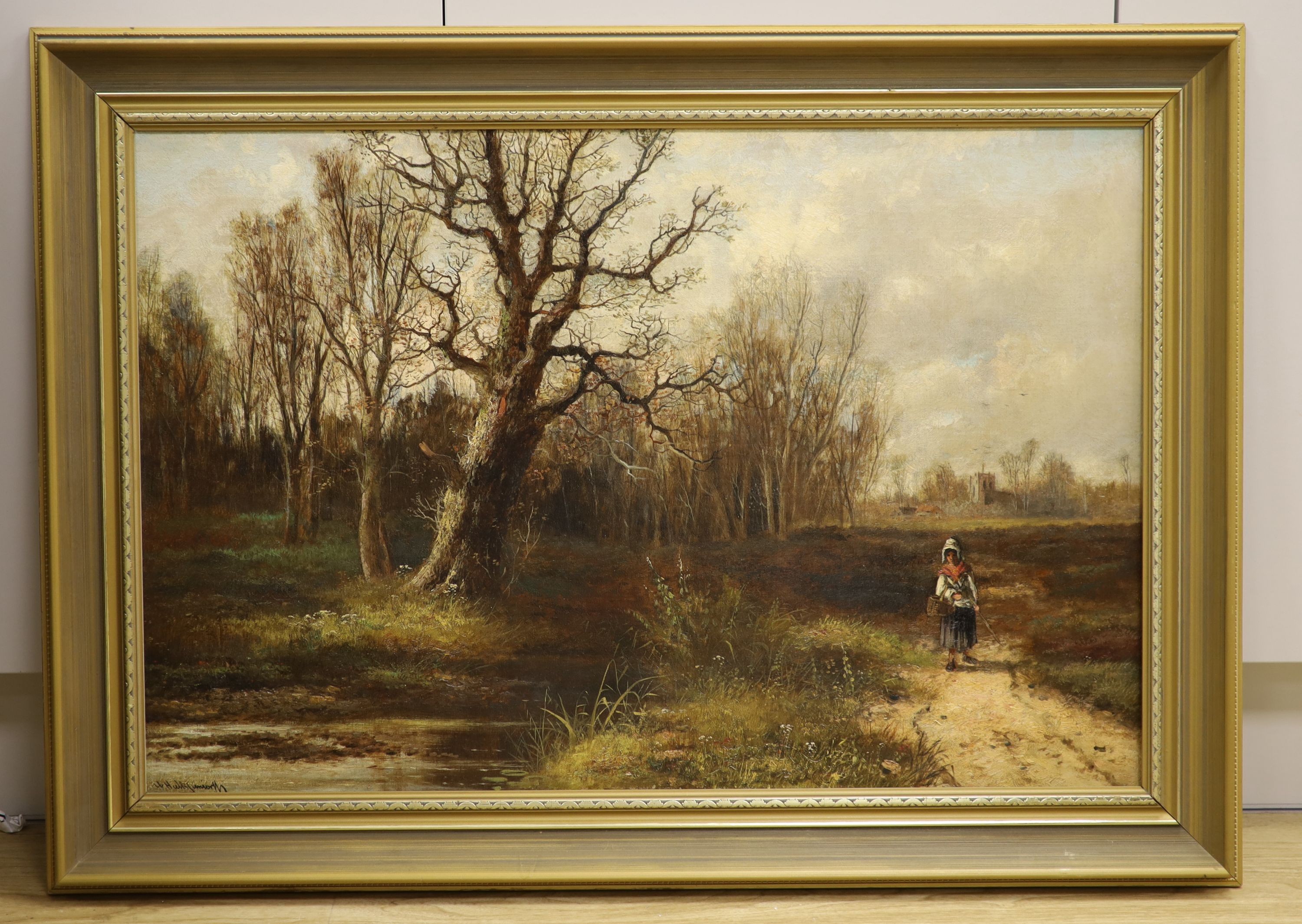 Abraham Hulk Jnr (1851-1922), oil on canvas, Wooded landscape with woman on a path, signed, 50 x 75cm